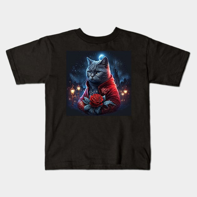 British Shorthair And Red Rose Kids T-Shirt by Enchanted Reverie